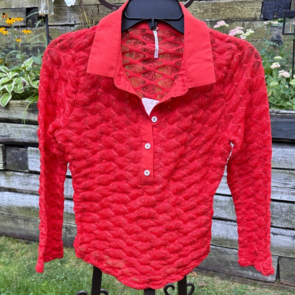 Free People Red Textured Button Down Shirt